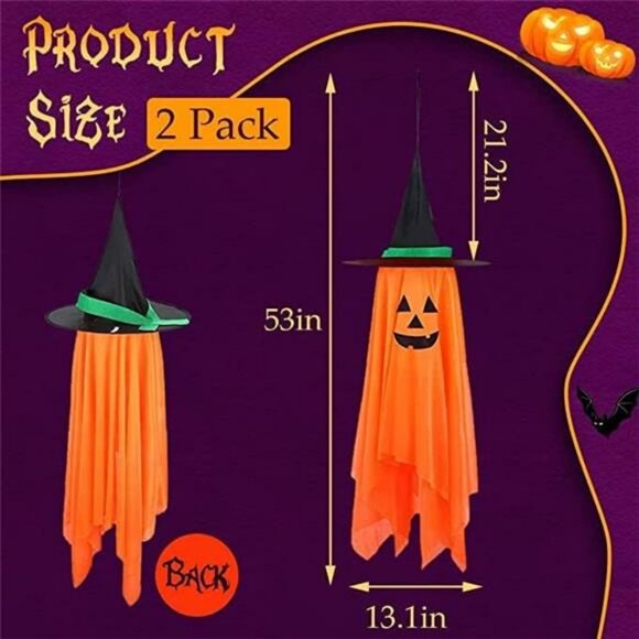 Halloween Decor, 2 Pack Orange Pumpkin Wizard Hat Pre-Installed Pumpkin Ghost - Picture 2 of 8